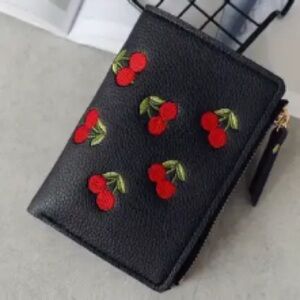 Cherry Embroidered Black Wallet